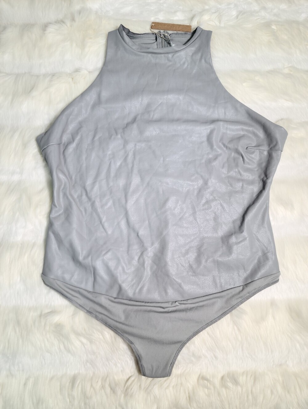 SKIMS Faux Leather Thong Bodysuit Grey Carbon Women 4X NEW